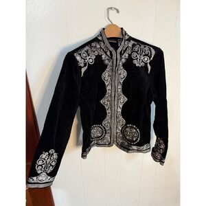 Chicos Black Corduroy Embroidered Jacket Women Size 1 Stand Collar Beaded Accent
